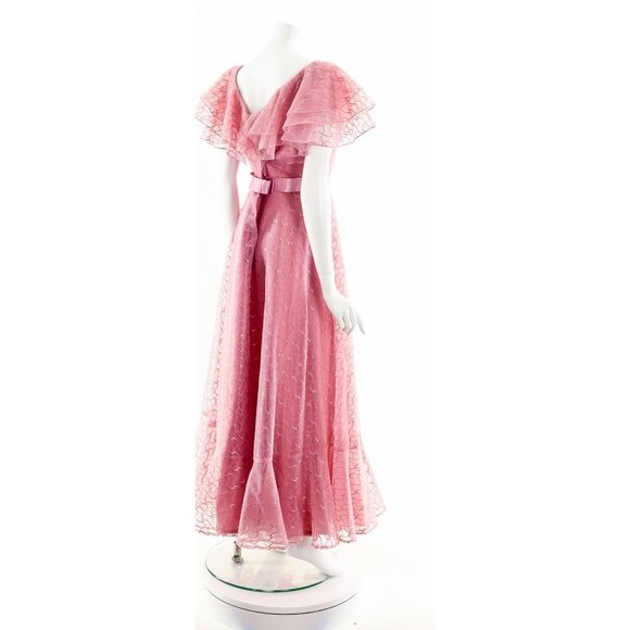 Raspberry Pink Sheer Ruffle Dress,Sheer Lace PInk Gown,60s Gone with the Wind St - Picture 6 of 10